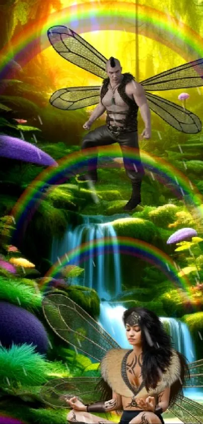 Magical forest with fairies and rainbows in a lush fantasy setting.