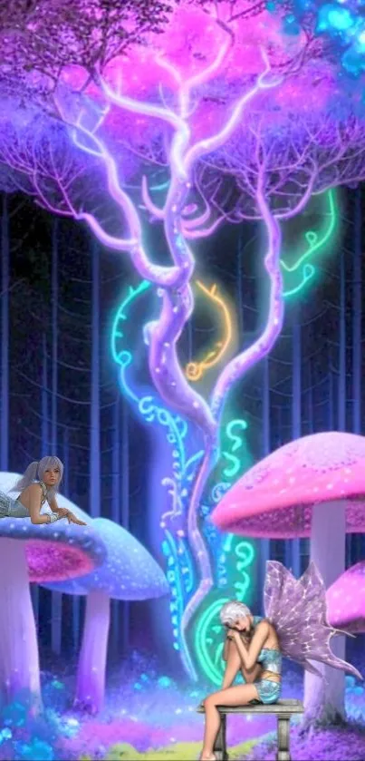 Fantasy forest with glowing fairies and neon mushrooms.