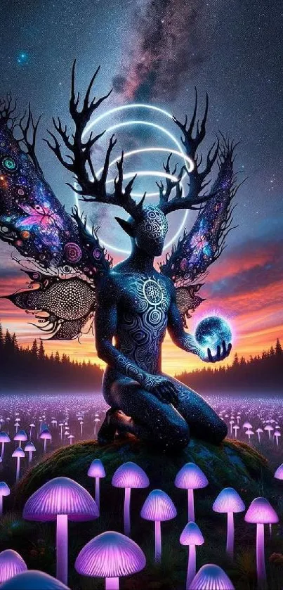 Mysterious deer with cosmic antlers and glowing mushrooms in surreal landscape.