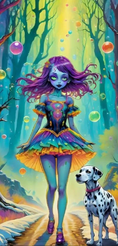 Fantasy girl in colorful forest with Dalmatian.