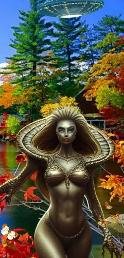 Fantasy goddess in autumn forest near a lake with colorful trees.