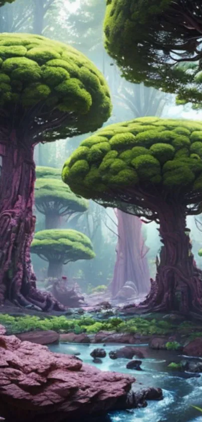 Fantasy forest with alien trees and stream.