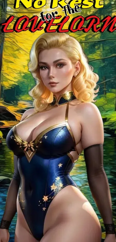 Blonde woman in fantasy forest art wallpaper.