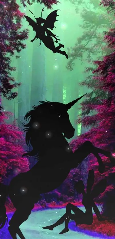 Silhouette of unicorn in a mystical forest with vibrant colors.