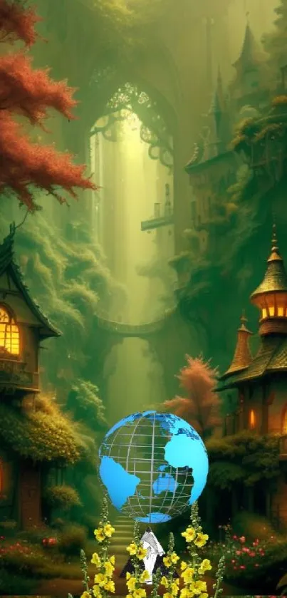 Fantasy forest village with a globe and yellow flowers.