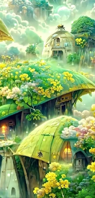 Fantasy forest village with lush greenery and vibrant flowers.