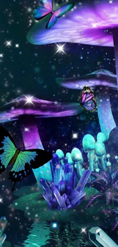 Fantasy forest wallpaper with glowing mushrooms and butterflies.