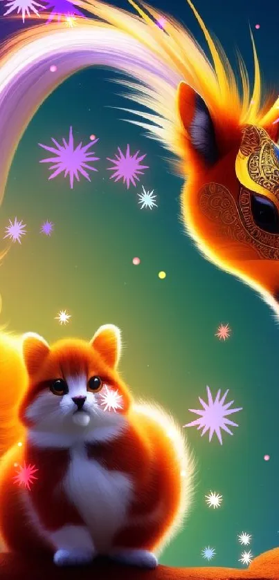 Artistic fox and cat with vibrant colors in fantasy setting.