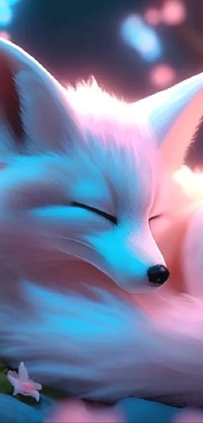 Sleeping fox in a dreamy anime style with soft glowing colors.