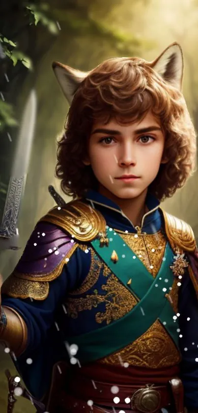 Young fox-eared warrior in a fantasy forest setting with detailed armor.