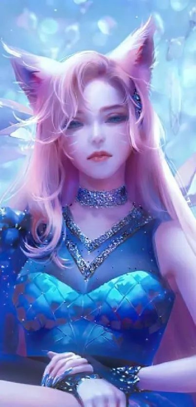 Elegant fantasy foxgirl with pink hair in a magical blue setting.