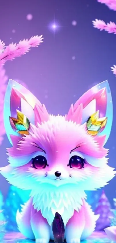 Cute pink and blue fox in fantasy forest wallpaper.