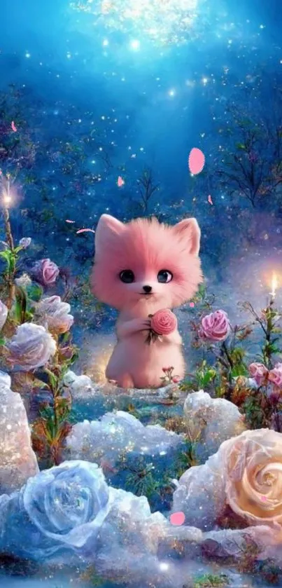 Fantasy pink fox in enchanted garden with glowing blooms.