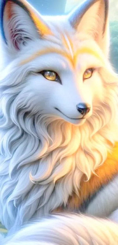 Fantasy white fox with golden accents in a mystical forest setting.