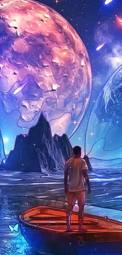 Fantasy galaxy scene with person in boat, colorful planets, and water.