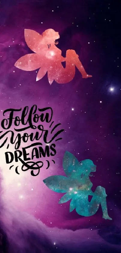 Fantasy galaxy wallpaper with fairies and nebula inspiring dreams.