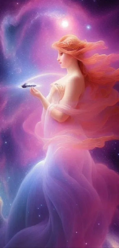 Enchanting fantasy woman in a cosmic, starry galaxy with vibrant purple and pink hues.