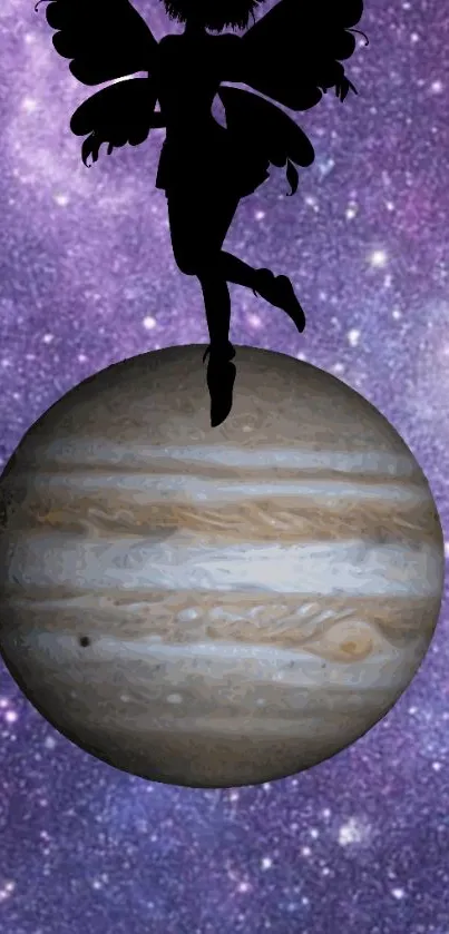 Silhouette of a fairy standing on Jupiter with a purple galaxy background.