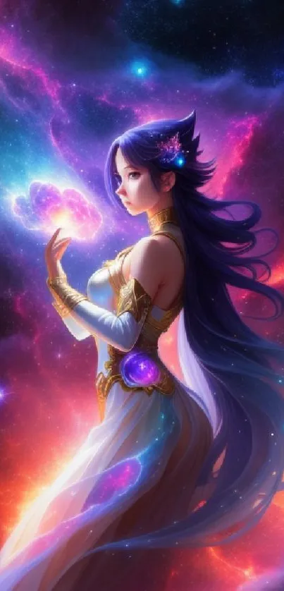 Fantasy galaxy goddess in cosmic colors.