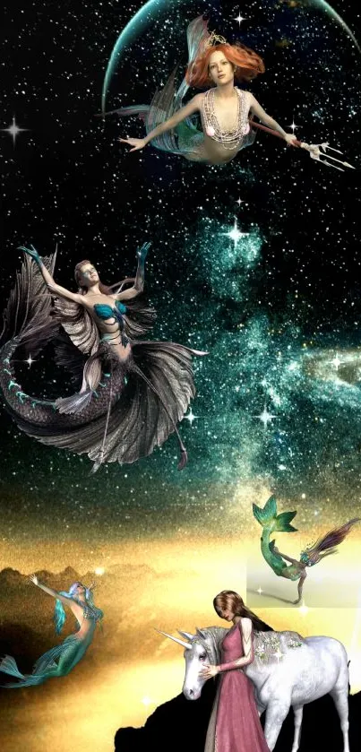 Fantasy scene with mermaids, unicorn, and galaxy sky.