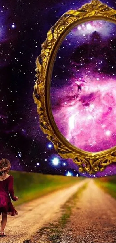 A fantasy galaxy backdrop with a mirror reflecting cosmic scenery.