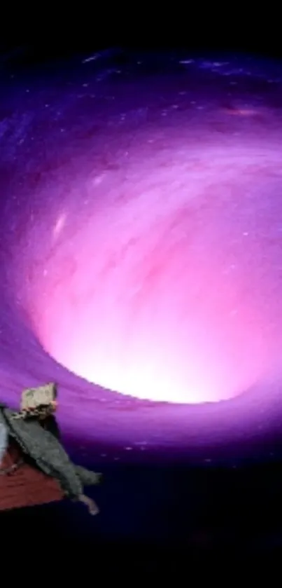 Fantasy galaxy wallpaper with purple vortex and wizard.