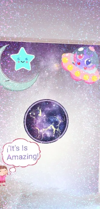 Whimsical galaxy wallpaper with stars, moon, and UFO.