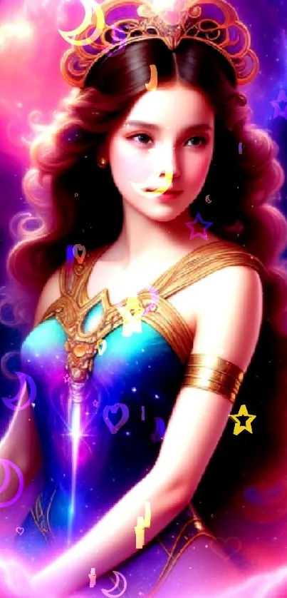 Fantasy galaxy princess in vibrant purple artwork, perfect for mobile wallpaper.