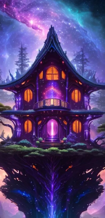 Mystical treehouse under a vibrant galaxy in a fantasy setting wallpaper.