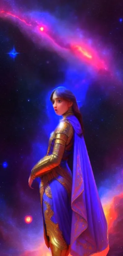 Fantasy warrior in blue cape against a galaxy backdrop.