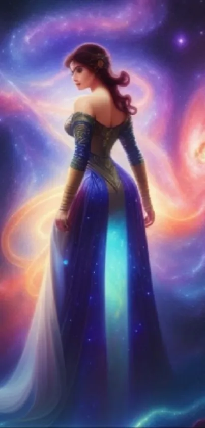 Elegant woman in a cosmic-themed dress amid swirling galaxies.