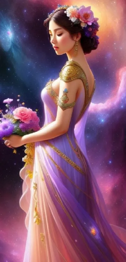 Woman in elegant dress against colorful galaxy background with flowers in hand.