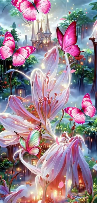 Magical garden with pink butterflies and flowers.