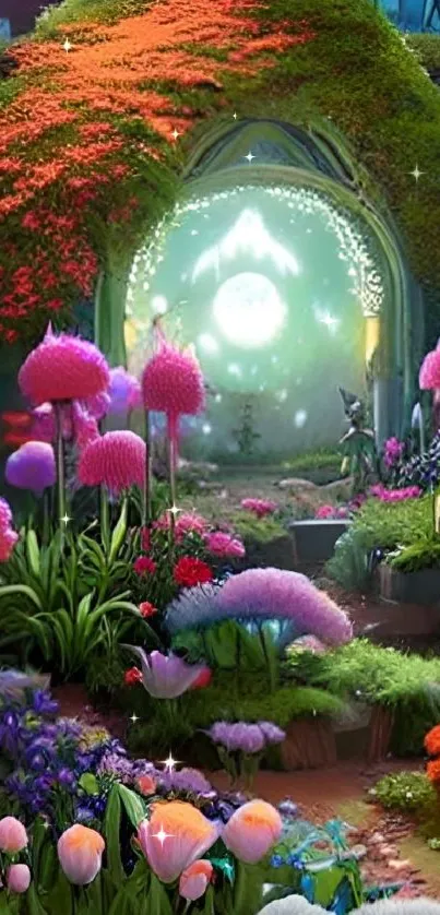 Enchanted garden with luminous mushrooms and vibrant floral colors.