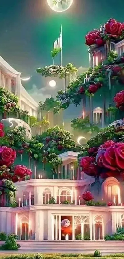 Vibrant fantasy garden with roses and a moonlit sky as mobile wallpaper.