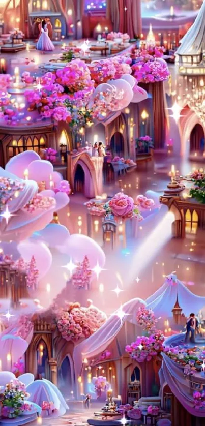 Fantasy garden with pink flowers and elegant decor.