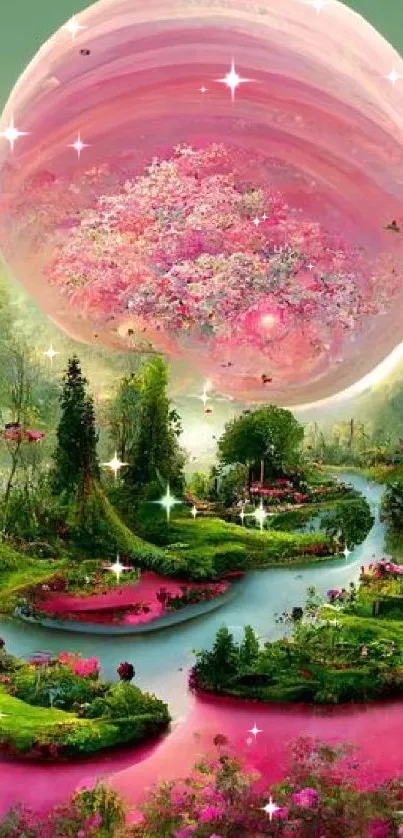 Fantasy garden under a pink planet with lush greenery.