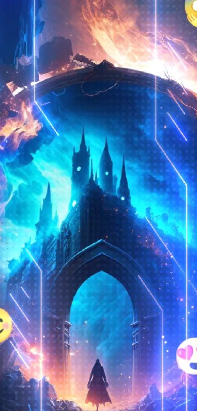 Fantasy gateway with flames and mysterious realm in dark blue tones.