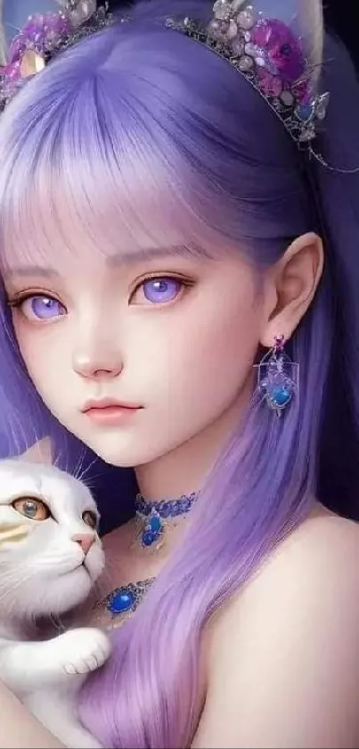 Fantasy girl with purple hair holding a white cat in anime style art.