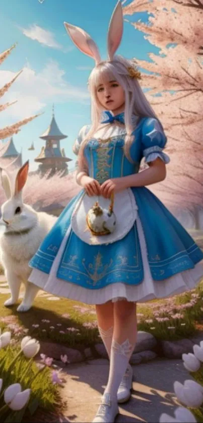 Fantasy girl in blue dress with rabbit ears and cherry blossoms.