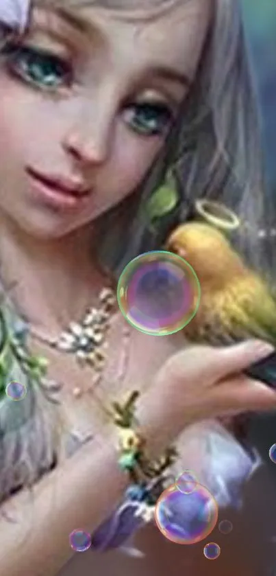 Fantasy girl with green eyes holding a bird surrounded by bubbles.