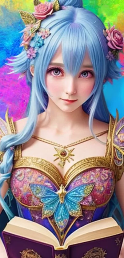 Fantasy girl with blue hair and colorful background.