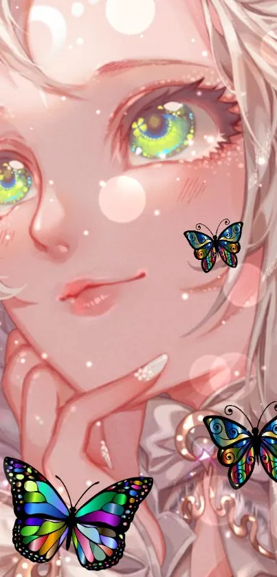 Fantasy anime girl with colorful butterflies in a dreamy setting.