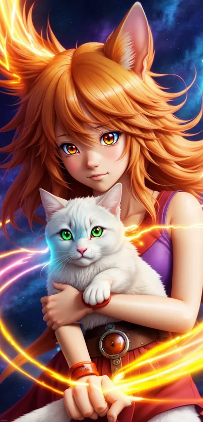 Fiery-haired girl with cat ears holding a cat in a fantasy setting.