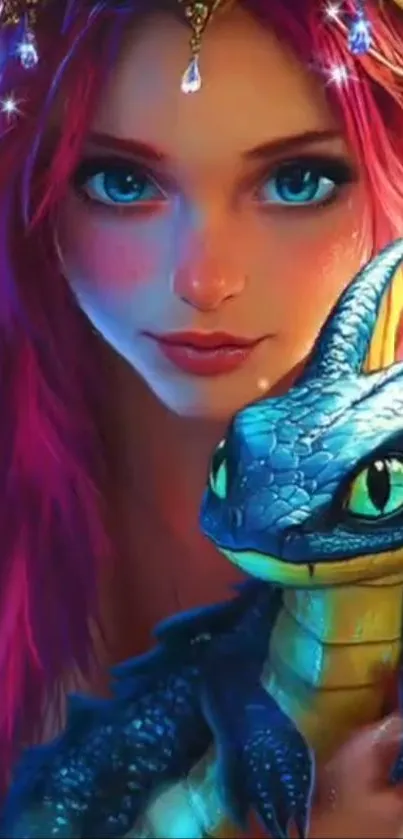 Fantasy girl holding a small dragon in colorful art.