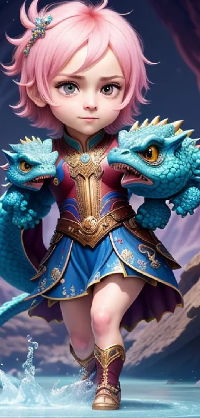 Fantasy girl with pink hair holding two blue dragons in a magical cave setting.