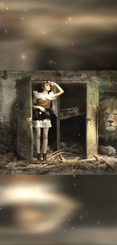 Fantasy wallpaper of girl with lion in mystical setting.