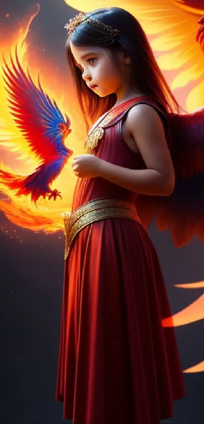 Fantasy girl with vibrant phoenix wings in fiery orange and red hues.