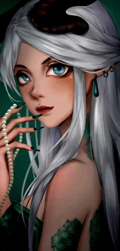 Fantasy girl with silver hair and horns on a green background.