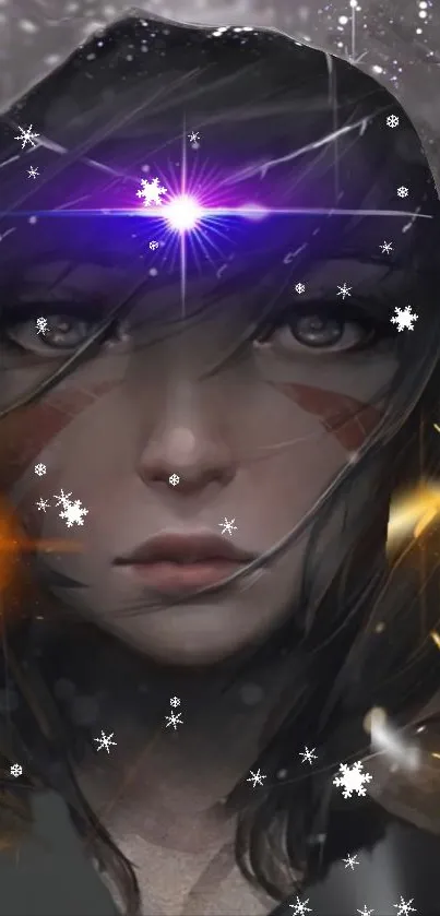 Fantasy girl with snowflakes and glowing lights in a dark theme.